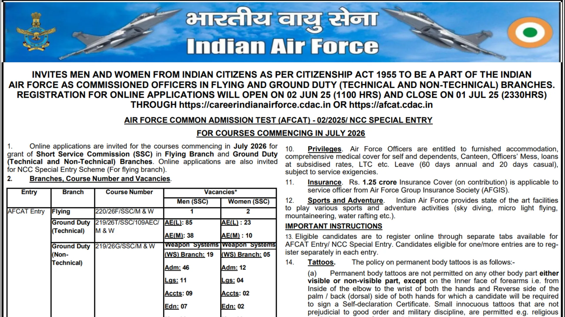 Indian Airforce AFCAT 02/2025 Batch Recruitment 2025 Notification Released and Apply Online for 284 Post