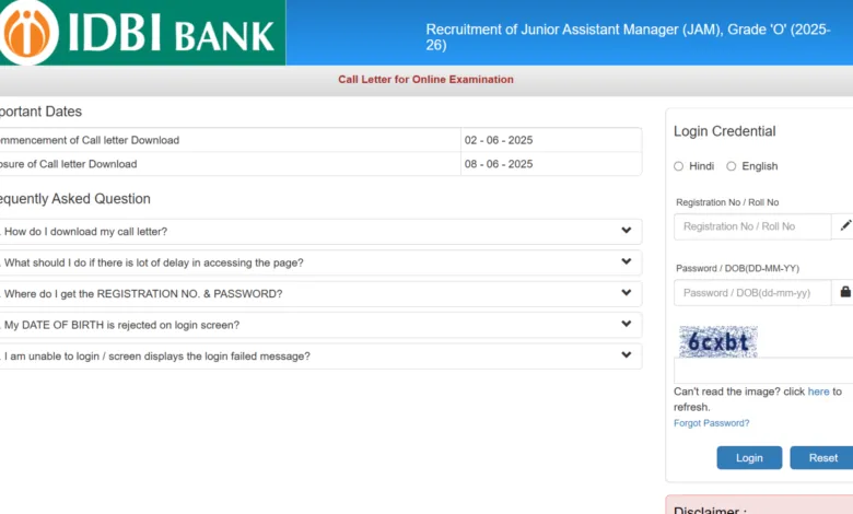 IDBI Bank Junior Assistant Manager (JAM) Recruitment 2025 Download Admit Card for 676 Posts