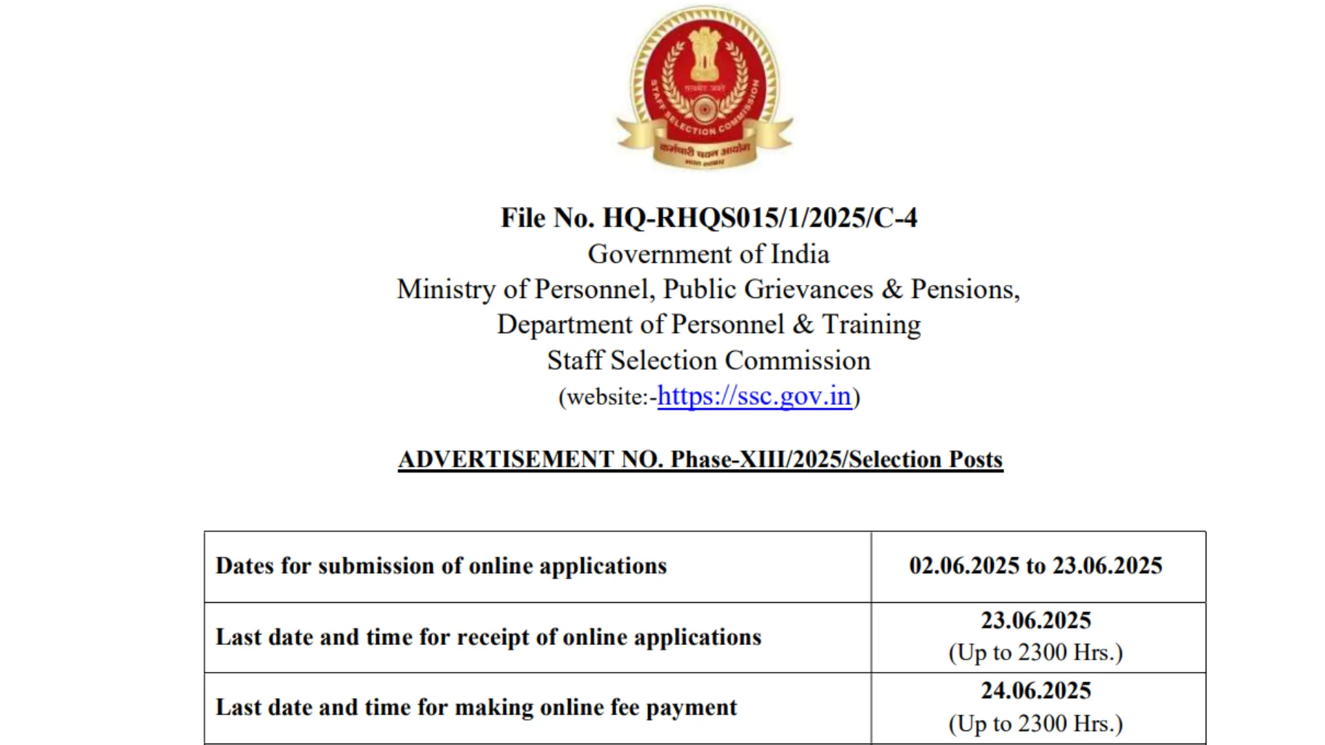 SSC Selection Post Phase XIII Recruitment 2025 Notification Released for 2423 Posts, Apply Online