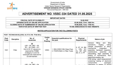 ISRO VSSC Technician, Draughtsman & Pharmacist Recruitment 2025 Notification and Online Form