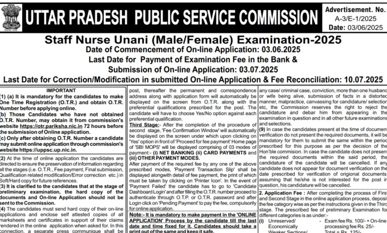 UPPSC Staff Nurse Unani Recruitment 2025 Notification Released and Apply Online for 03 Post