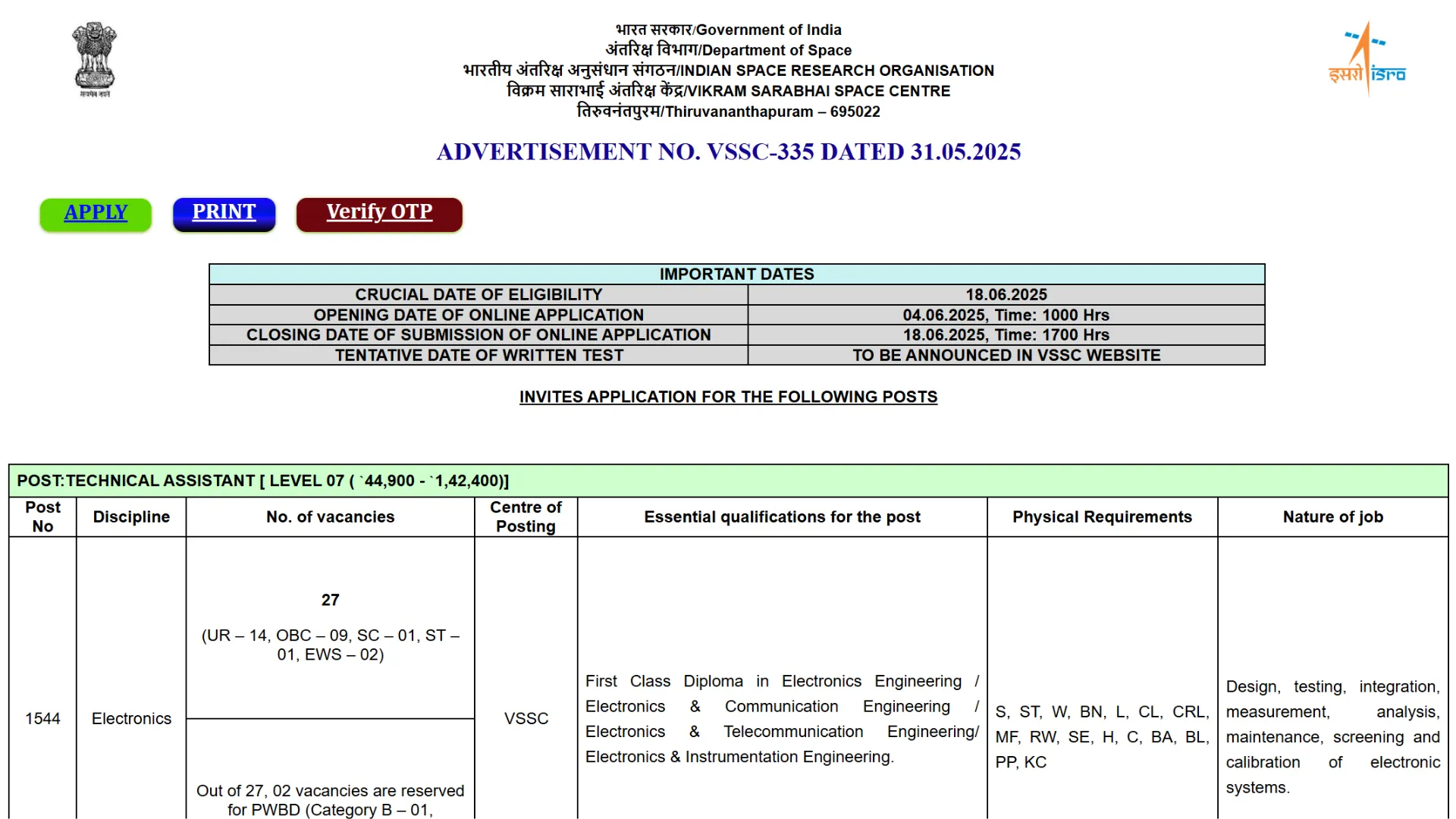 ISRO VSSC Scientific, Technical & Library Assistant Recruitment 2025 Notification Released and Apply Online for 83 Posts