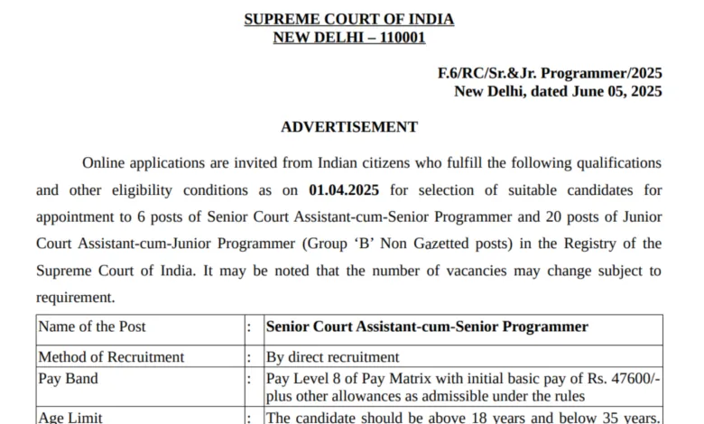 Supreme Court of India (SCI) Programmer Recruitment 2025 Notification Out and Apply Online