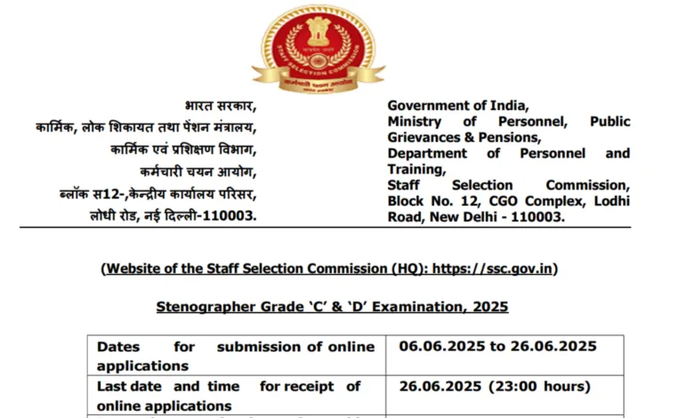 SSC Stenographer Grade C & D Recruitment 2025 Notification Released and Apply Online for 261 Post