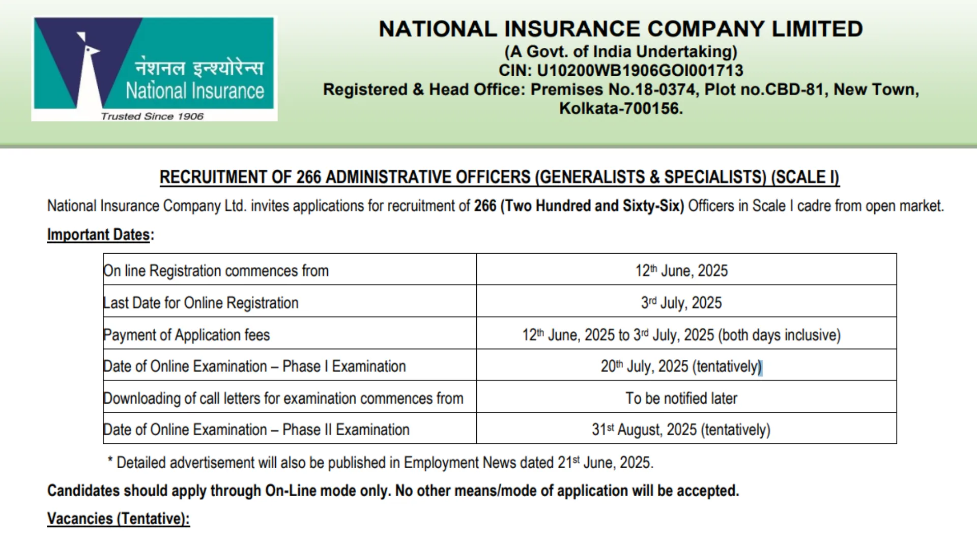 NICL Administrative Officer (AO) Recruitment 2025 Notification Released and Apply Online for 266 Posts