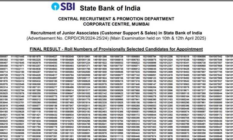 SBI Junior Associates Clerk (Customer Support and Sales) Recruitment 2024 Mains Result Released for 13735 Posts