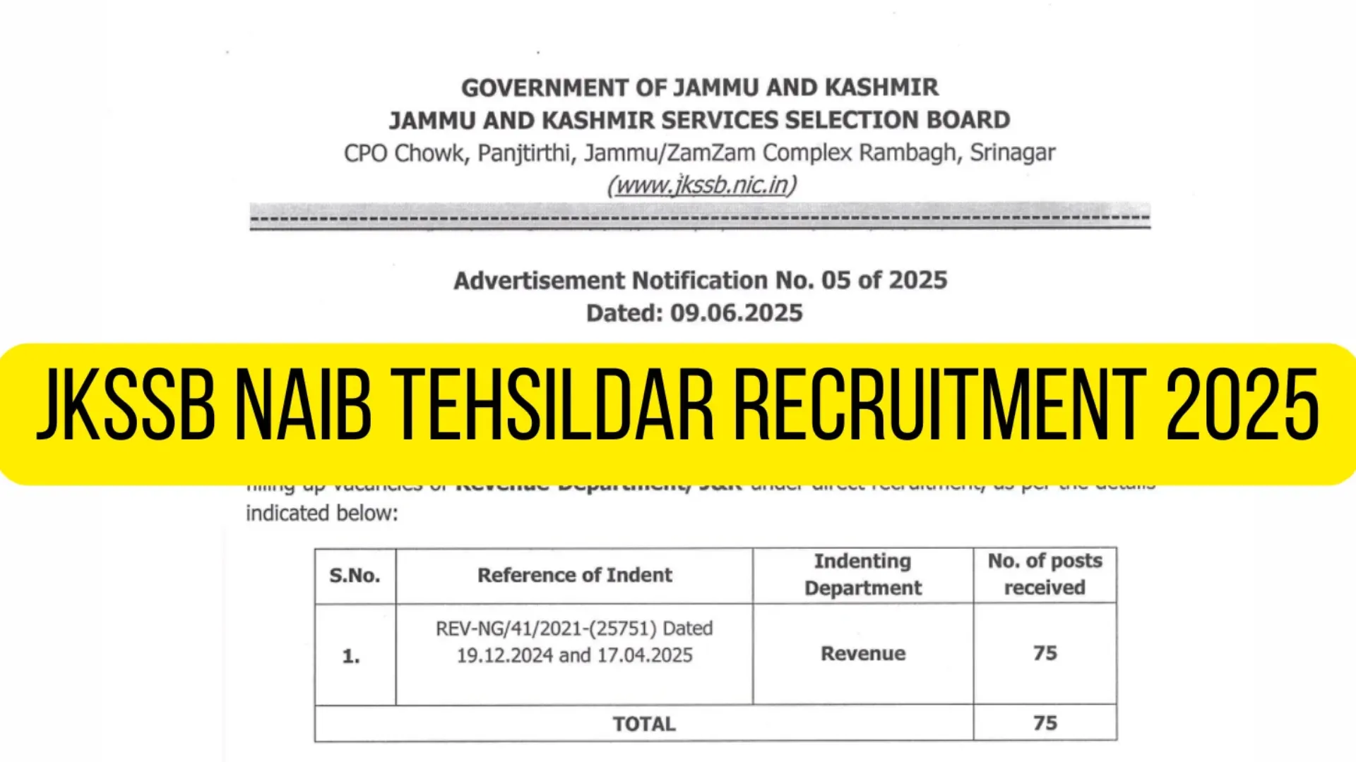 JKSSB Naib Tehsildar Recruitment 2025 Notification Released and Apply Online for 75 Posts