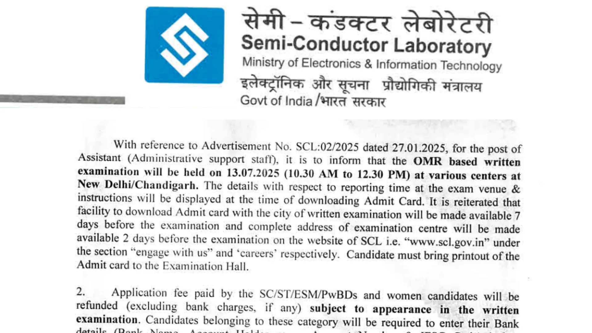 Semi Conductor Laboratory (SCL) Assistant Recruitment 2025 Exam Date & Admit Card Released, Check Now