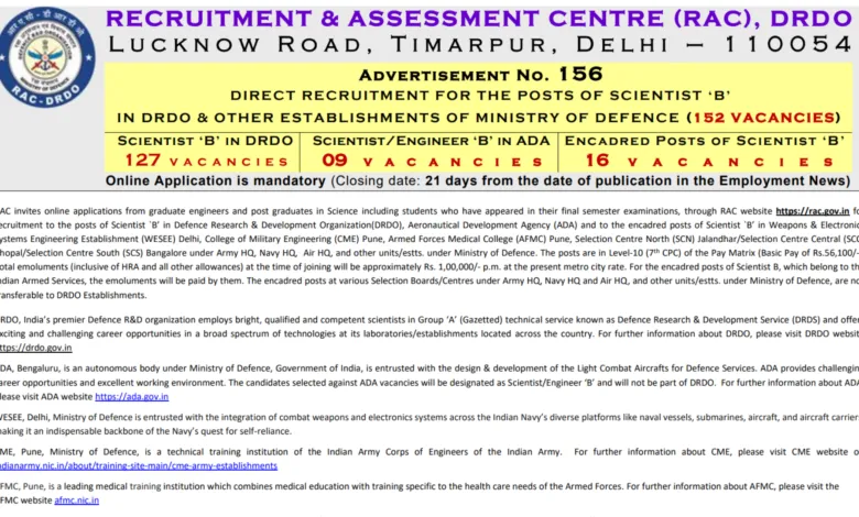DRDO RAC Scientist B Recruitment 2025 Notification Released for 152 Posts, Apply Online
