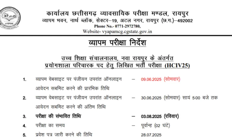 CG Vyapam Lab Attendant Recruitment 2025 Notification Released and Apply Online for 430 Posts