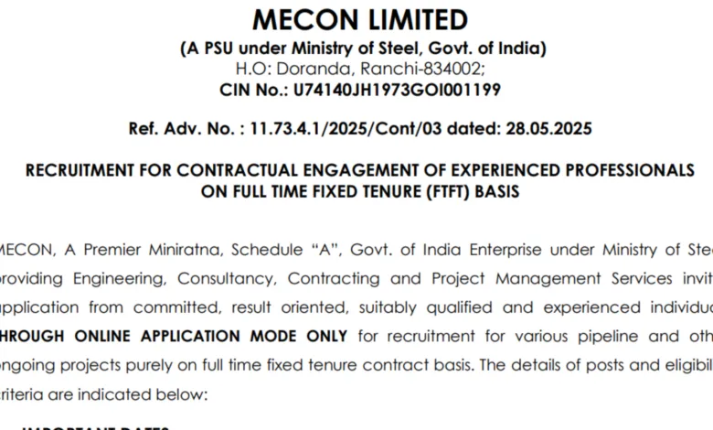MECON Engineer Recruitment 2025 Apply Online for 85 Posts