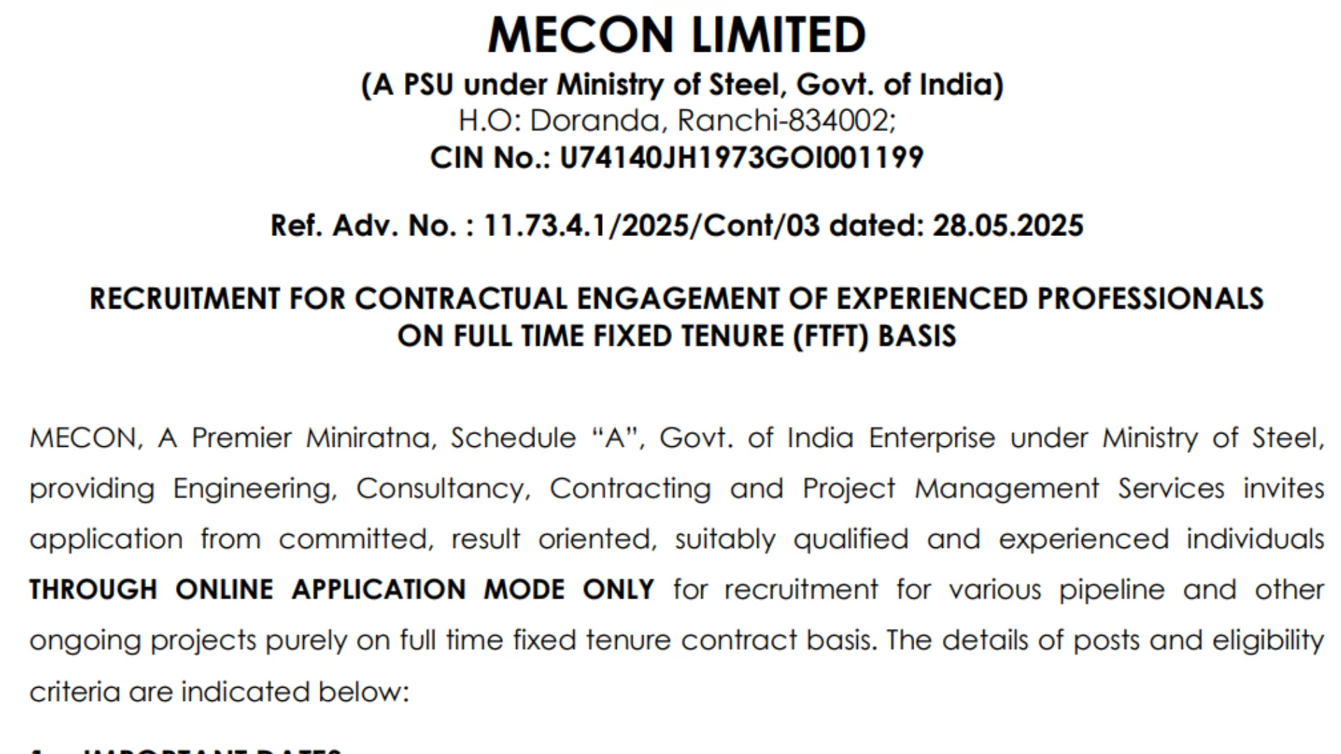 MECON Engineer Recruitment 2025 Apply Online for 85 Posts