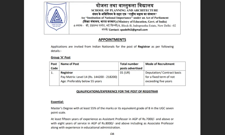 Delhi SPA Non-Teaching Recruitment 2025 Apply Online for Registrar, Assistant, Junior Assistant and Driver Posts