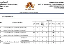 Heavy Vehicles Factory (HVF) Junior Technician Recruitment 2025 Notification Released and Apply Online for 1850 Posts