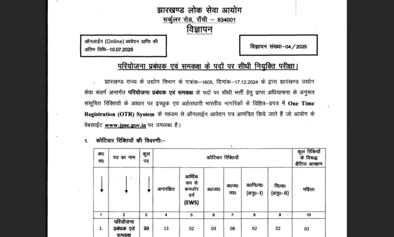 JPSC Project Manager Recruitment 2025 Notification Released and Apply Online