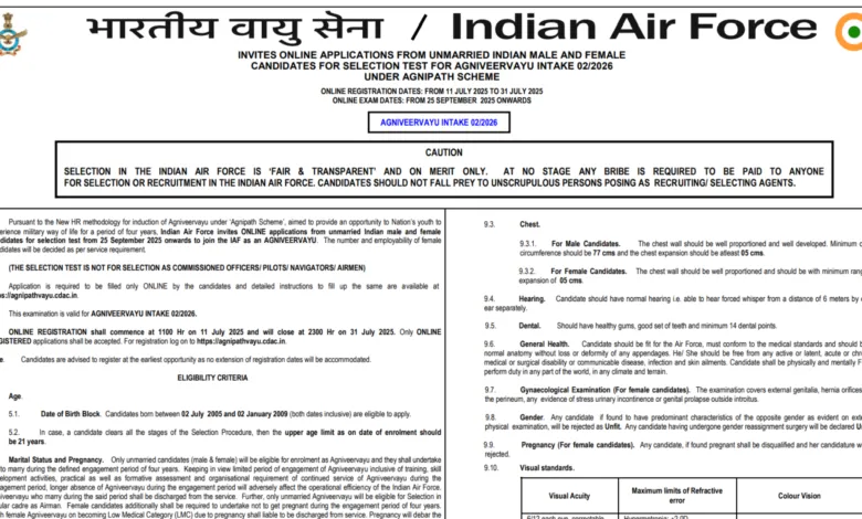 Indian Air Force Agniveervayu Intake 02/2026 Notification Released and Apply Online