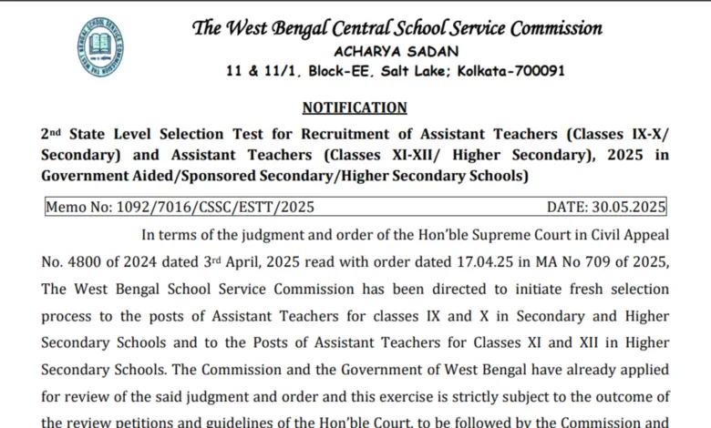 West Bengal (WBCSSC) Assistant Techer Recruitment 2025 Notification Released and Apply Online for 35726 Posts