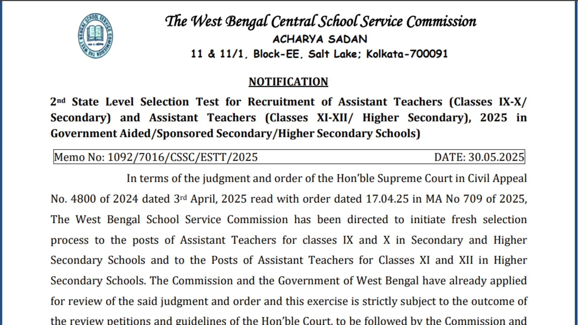 West Bengal (WBCSSC) Assistant Techer Recruitment 2025 Notification Released and Apply Online for 35726 Posts