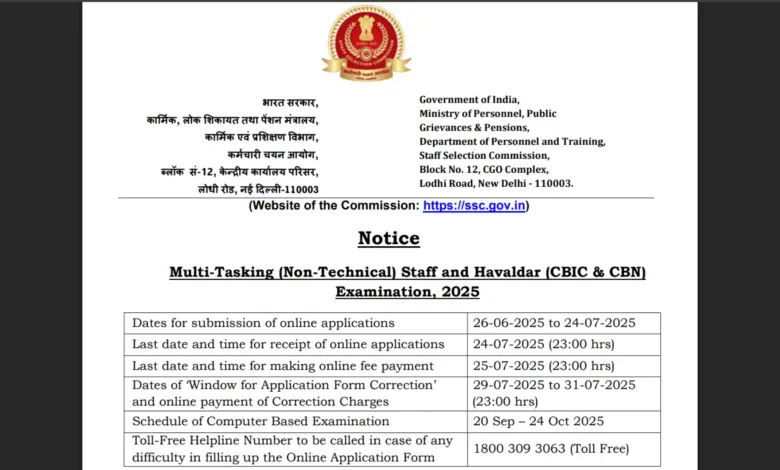 SSC MTS (Non-Technical) and Havaldar (CBIC & CBN) Recruitment 2025 Notification Released and Apply Online