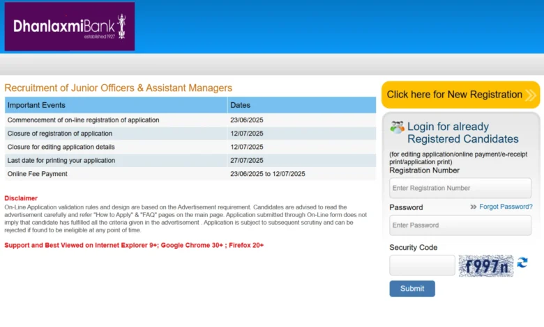 Dhanlaxmi Bank Junior Officer & Assistant Manager Recruitment 2025 Notification Released and Apply Online