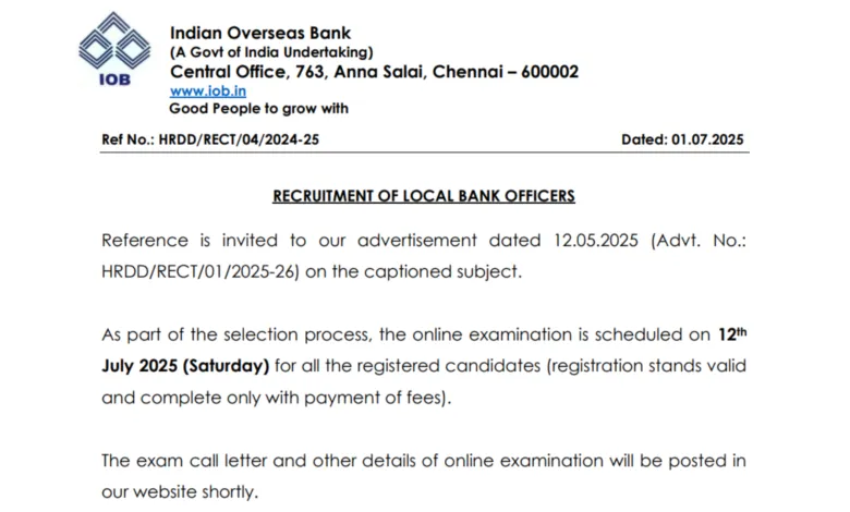 Indian Overseas Bank Local Bank Officer (LBO) Recruitment 2025 Download Exam Date and Admit Card for 400 Posts