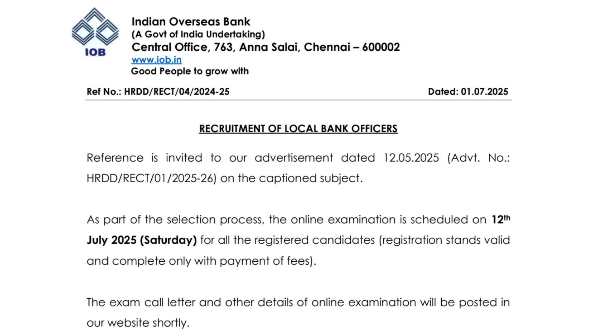Indian Overseas Bank Local Bank Officer (LBO) Recruitment 2025 Download Exam Date and Admit Card for 400 Posts