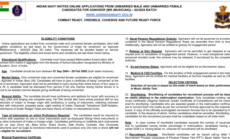 Indian Navy Agniveer MR Musician Recruitment 2025 Notification Released and Apply Online
