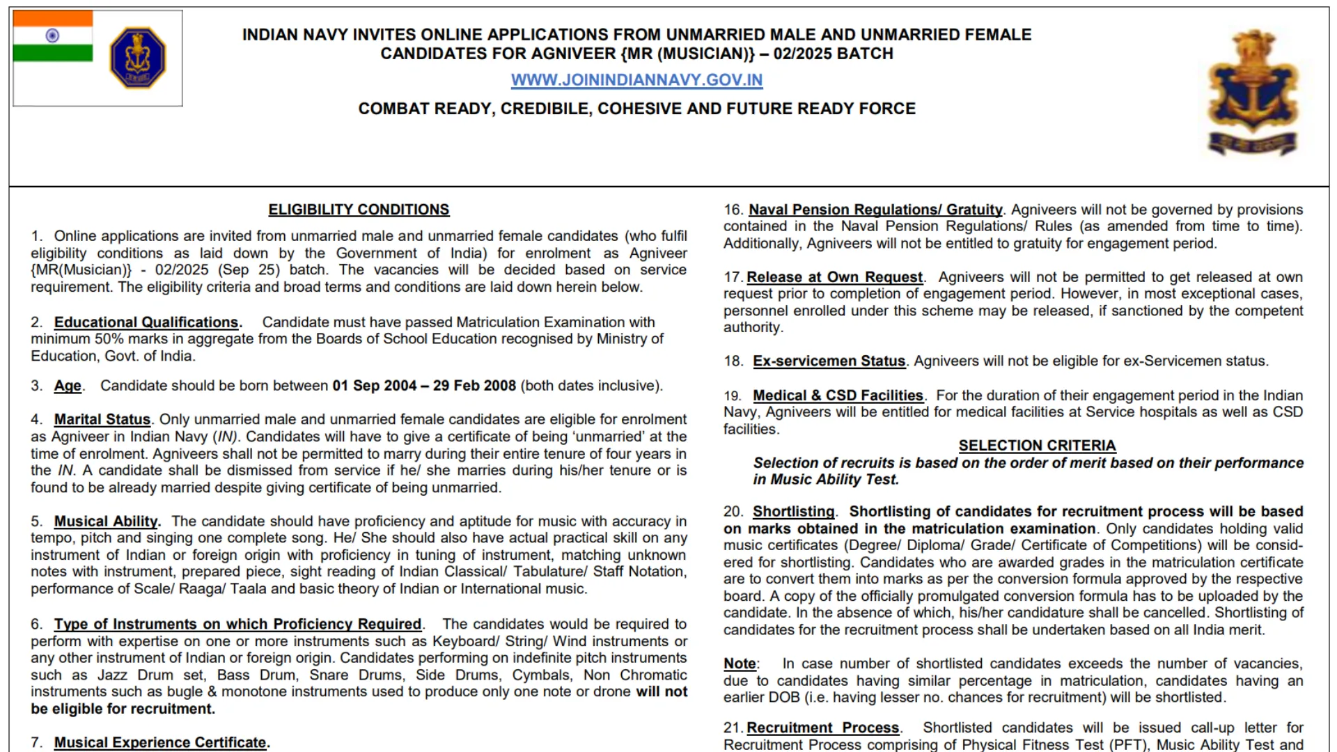 Indian Navy Agniveer MR Musician Recruitment 2025 Notification Released and Apply Online