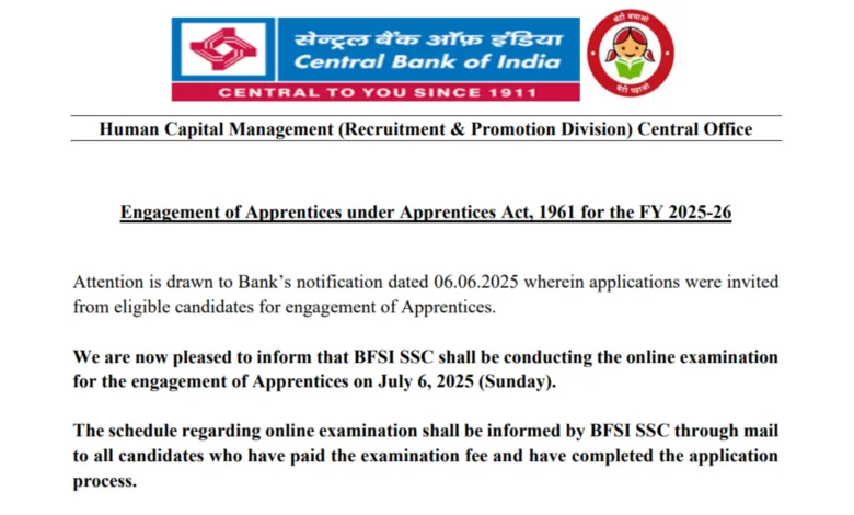 Central Bank of India Apprentice Recruitment 2025 Download Exam Date and Admit Card for 4500 Posts