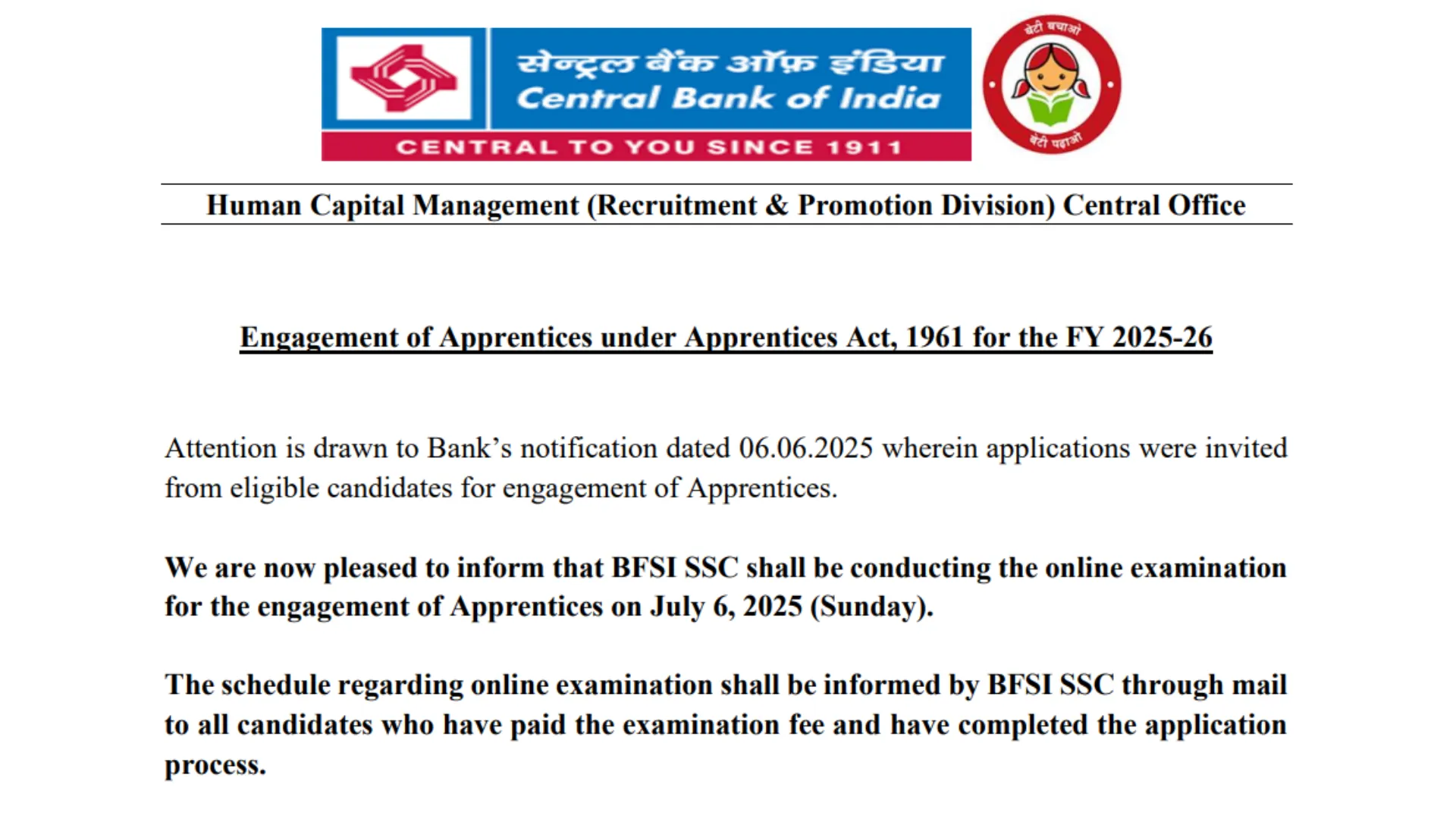 Central Bank of India Apprentice Recruitment 2025 Download Exam Date and Admit Card for 4500 Posts