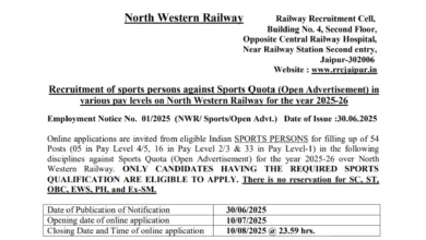 Railway RRC NWR Jaipur Sports Quota Recruitment 2025 Notification Released and Apply Online