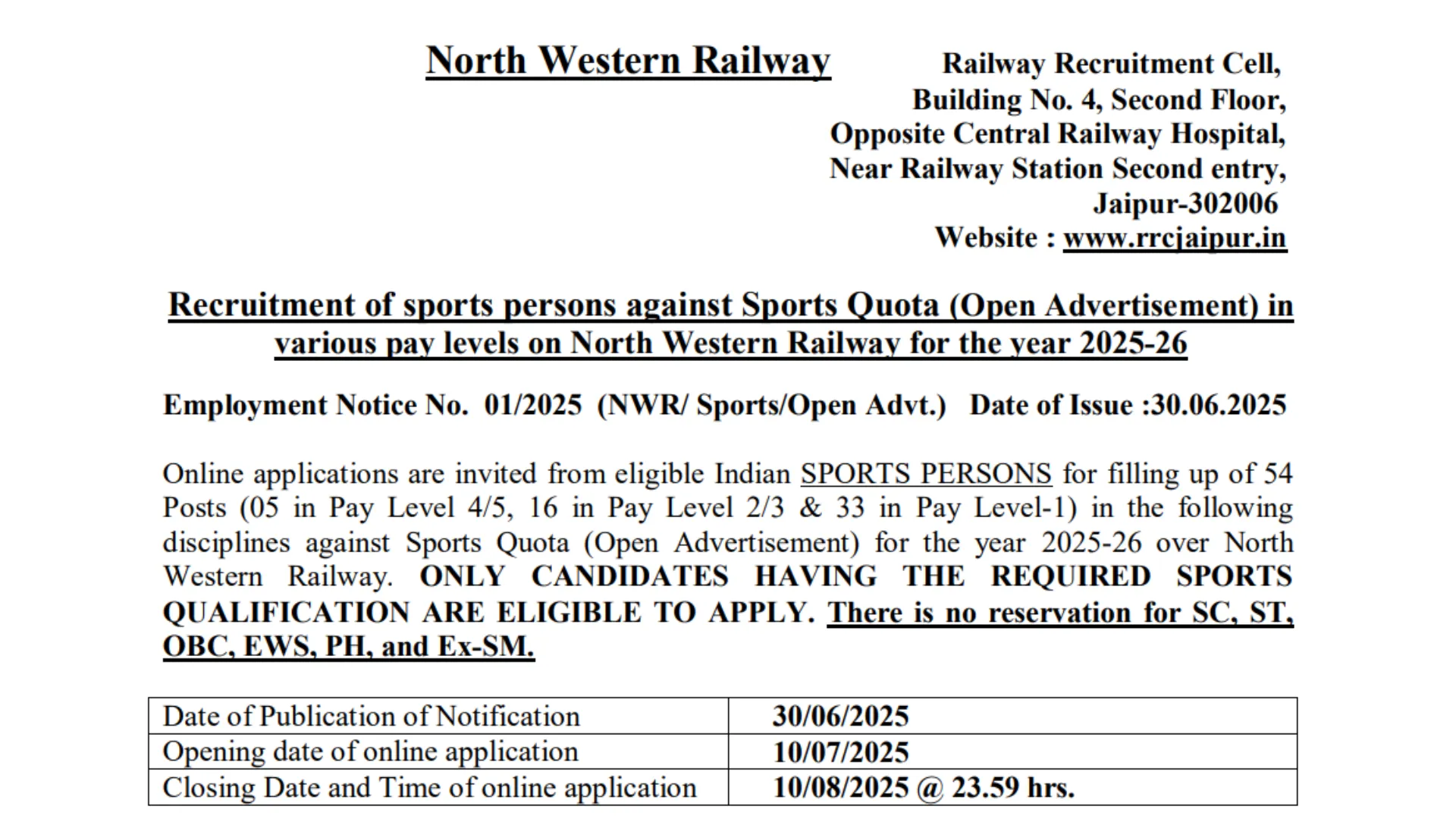 Railway RRC NWR Jaipur Sports Quota Recruitment 2025 Notification Released and Apply Online