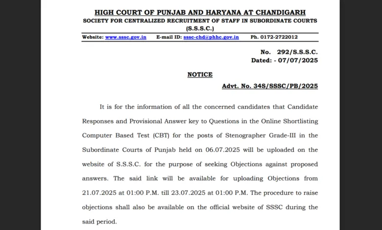 Punjab and Haryana High Court Stenographer Answer Key 2025 Released for 478 Posts, Check Now
