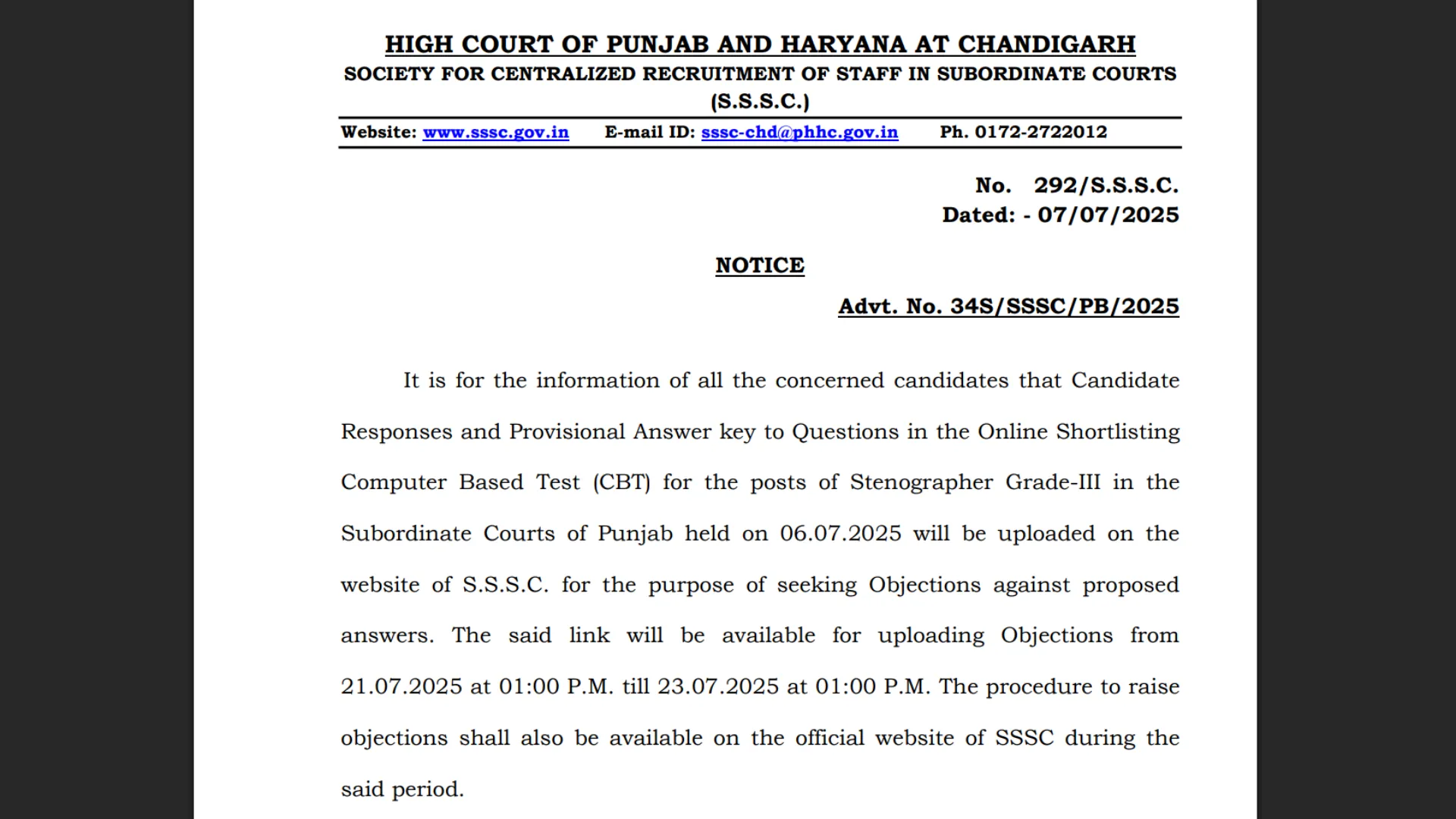 Punjab and Haryana High Court Stenographer Answer Key 2025 Released for 478 Posts, Check Now