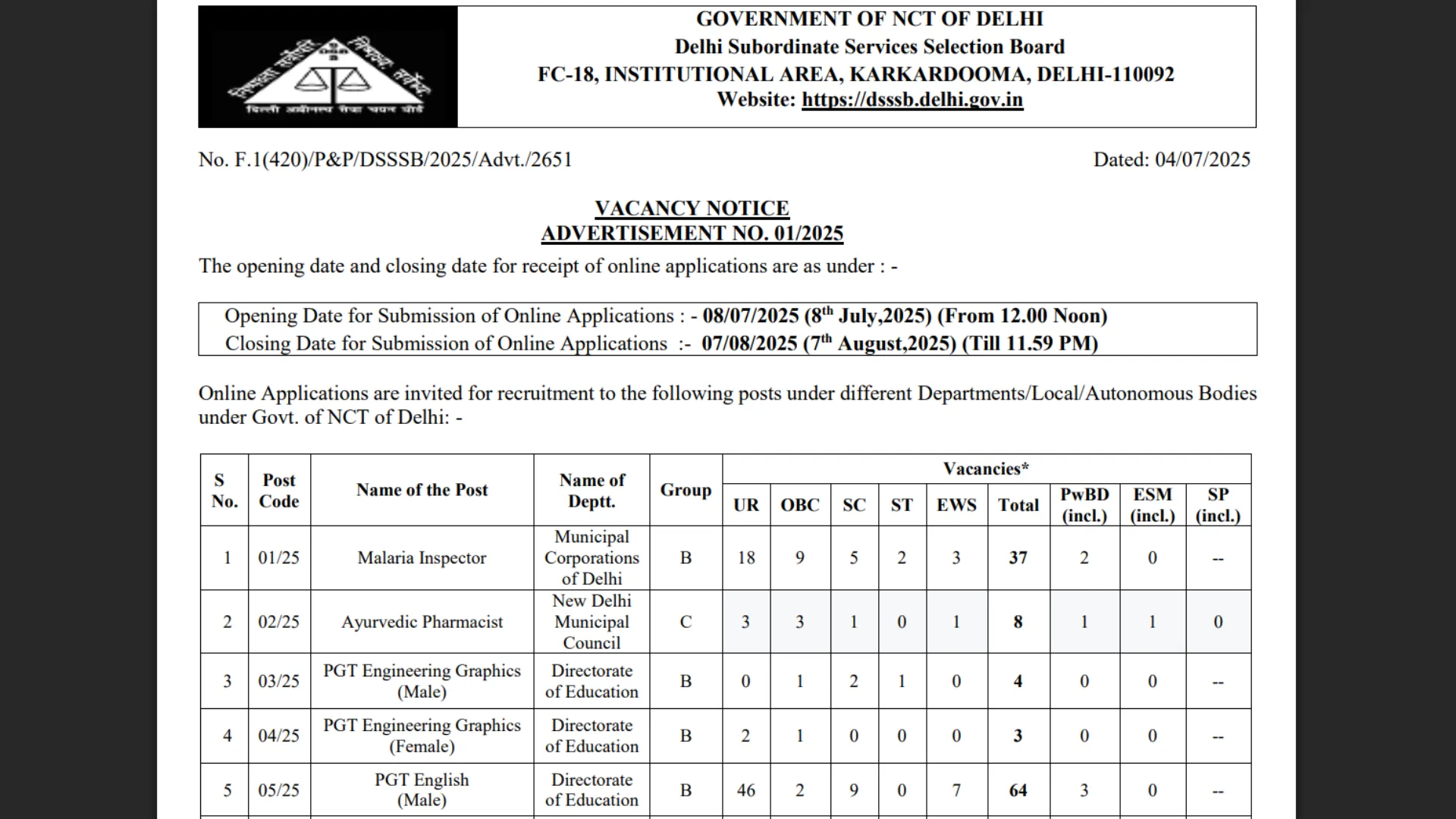 DSSSB Jail Warder and Other Posts Recruitment 2025 Notification Released and Apply Online for 2119 Posts