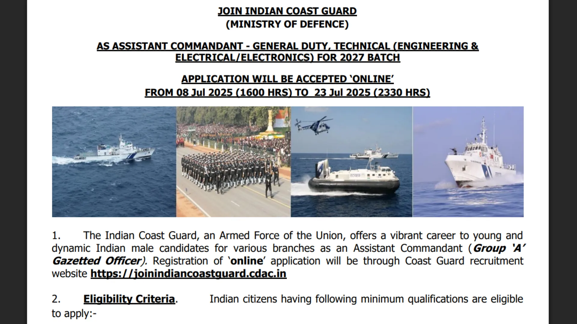 Indian Coast Guard (ICG) Assistant Commandant (AC) Recruitment 2025 Notification Released and Apply Online for 170 Posts