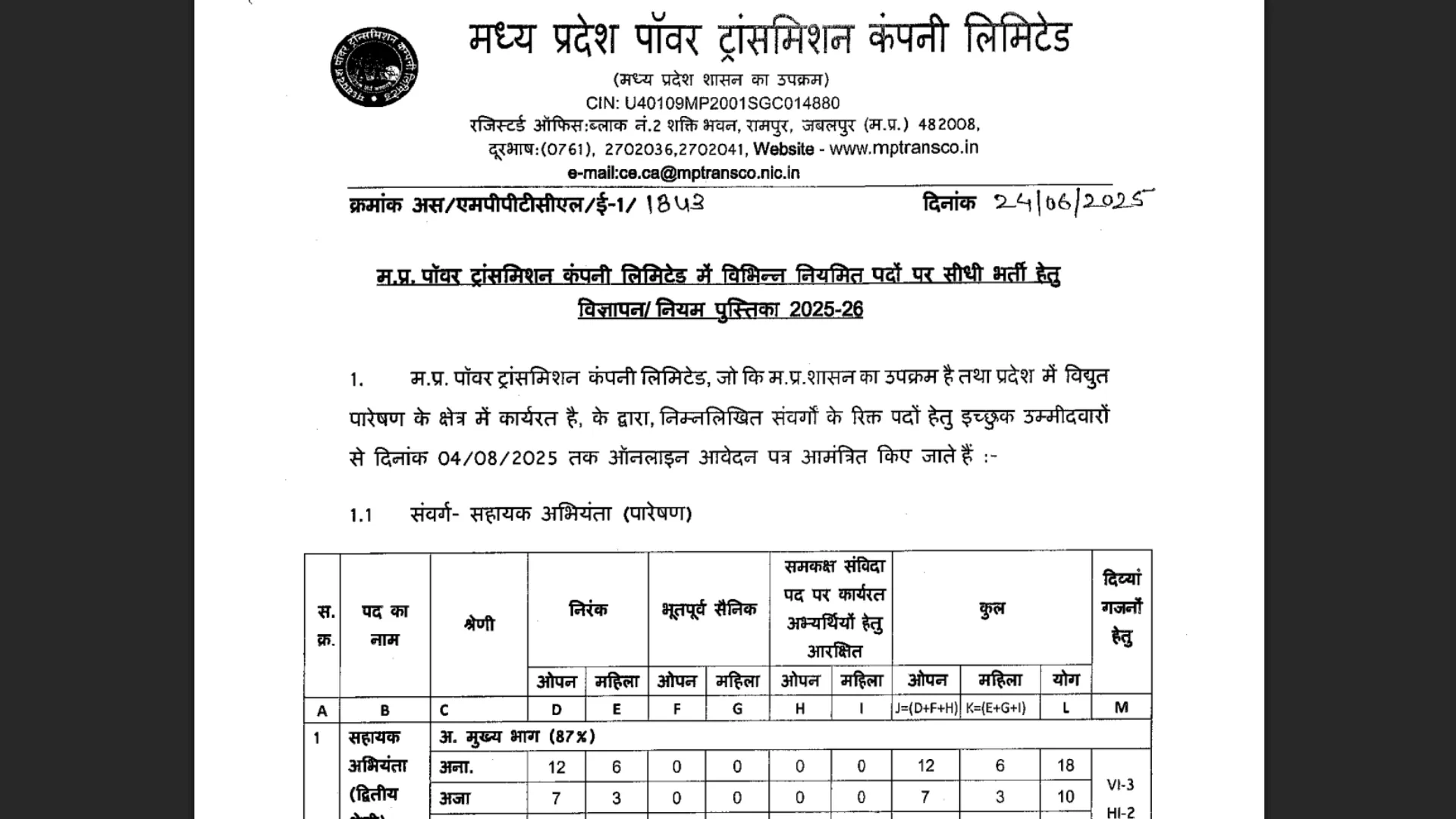 MPTRANSCO Recruitment 2025 Notification Released and Apply Online for 633 Various Posts