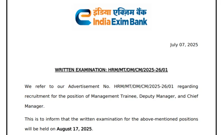 Exim Bank Management Trainee and Other Post Exam Date and Admit Card 2025 Released, Check Now