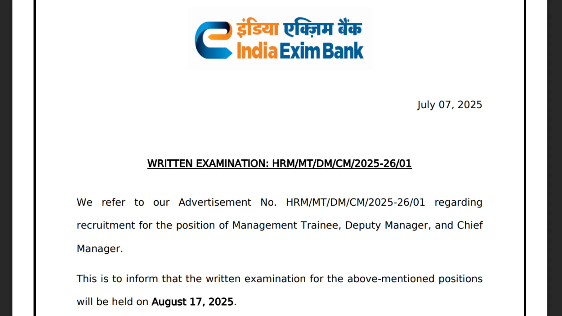 Exim Bank Management Trainee and Other Post Exam Date and Admit Card 2025 Released, Check Now