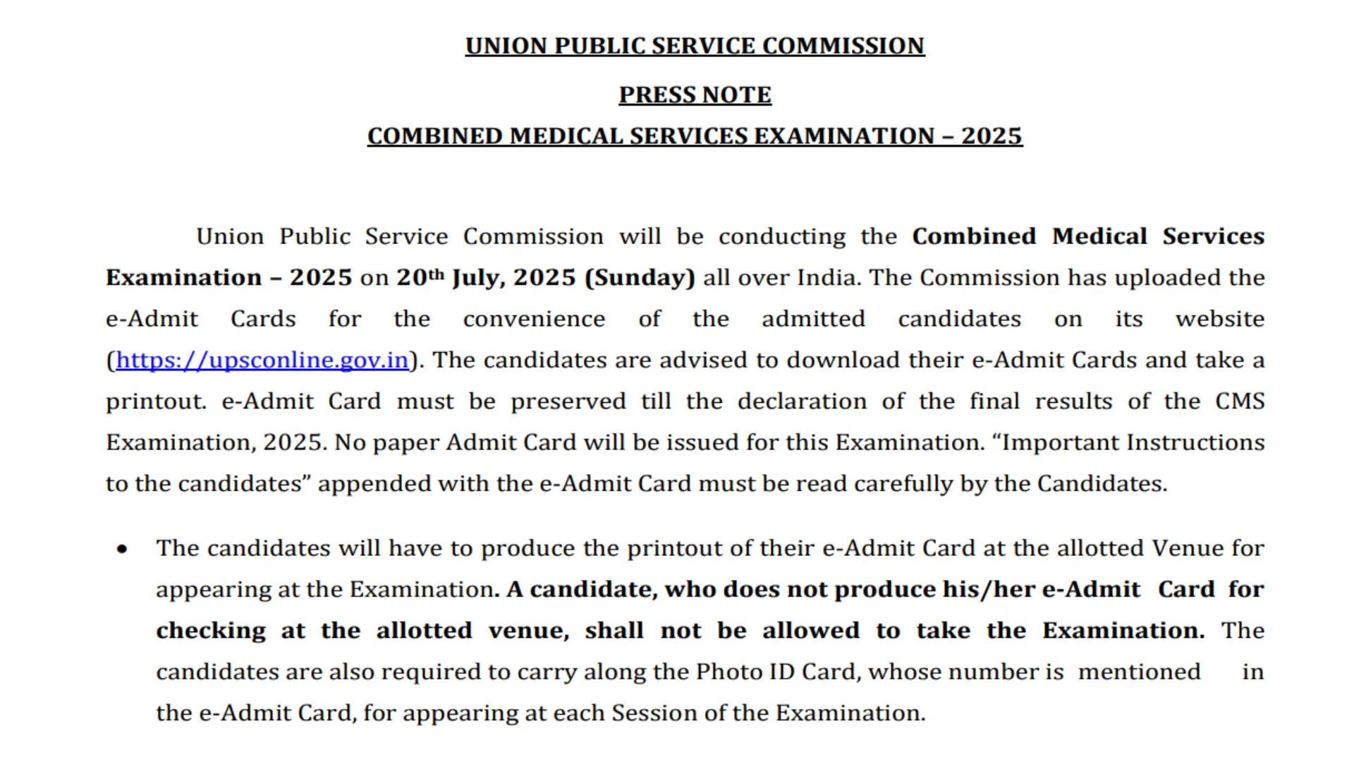 UPSC Combined Medical Services (CMS) Recruitment 2025 Download Admit Card for 705 Post