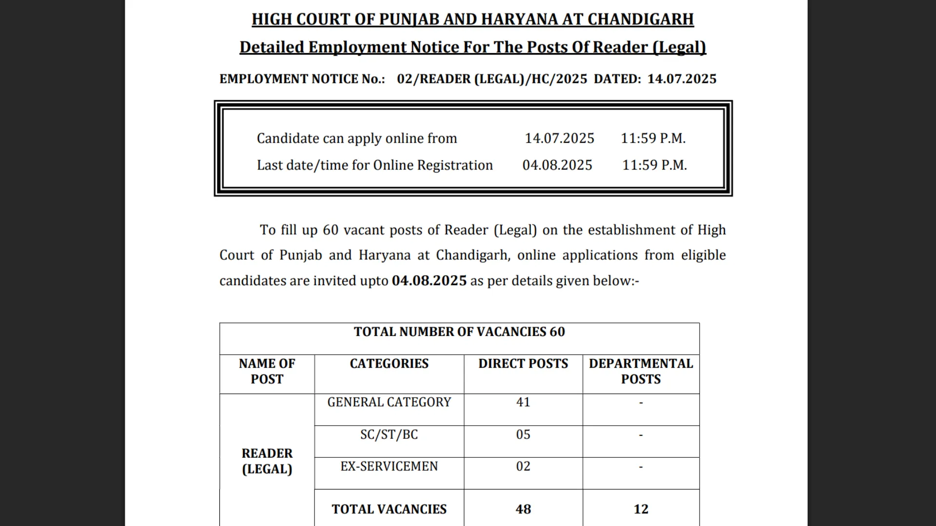 Chandigarh High Court Reader (Legal) Recruitment 2025 Notification Released and Apply Online