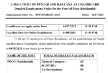 Chandigarh High Court Peon (Residential) Recruitment 2025 Notification Released and Apply Online