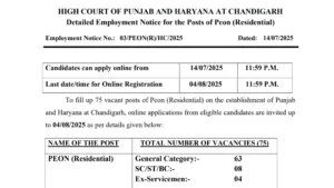 Chandigarh High Court Peon (Residential) Recruitment 2025 Notification Released and Apply Online
