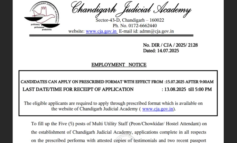 Chandigarh Judicial Academy MTS Recruitment 2025 Notification and Offline Form