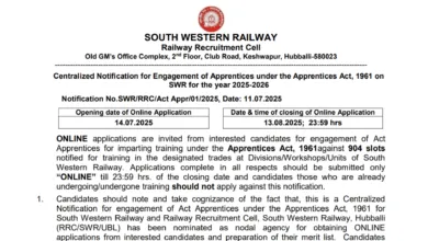 Railway RRC SWR Apprentice Recruitment 2025 Notification Released and Apply Online for 904 Posts