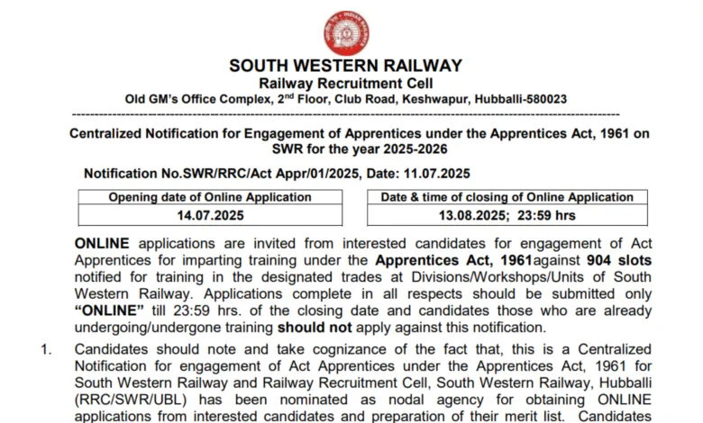 Railway RRC SWR Apprentice Recruitment 2025 Notification Released and Apply Online for 904 Posts