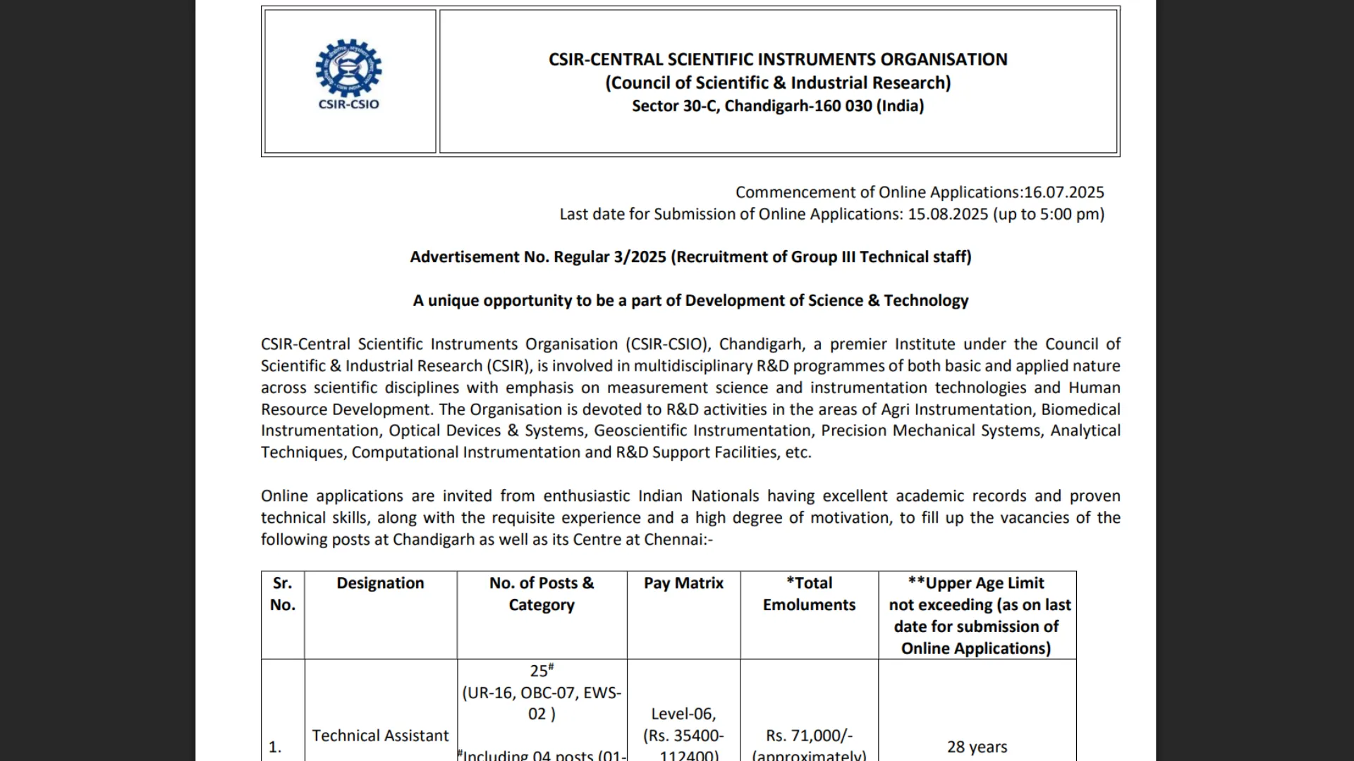 Chandigarh CSIR CSIO Technical Staff Recruitment 2025 Notification Released and Apply Online