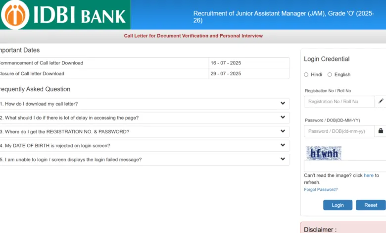 IDBI Bank Junior Assistant Manager (JAM) Recruitment 2025 Download Admit Card for 676 Posts