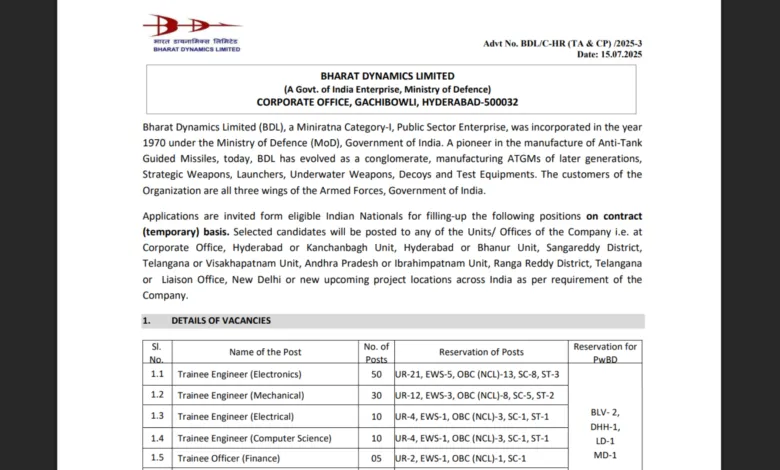 BDL Recruitment 2025 Apply Online for 212 Trainee Engineer, Trainee Officer and Other Posts