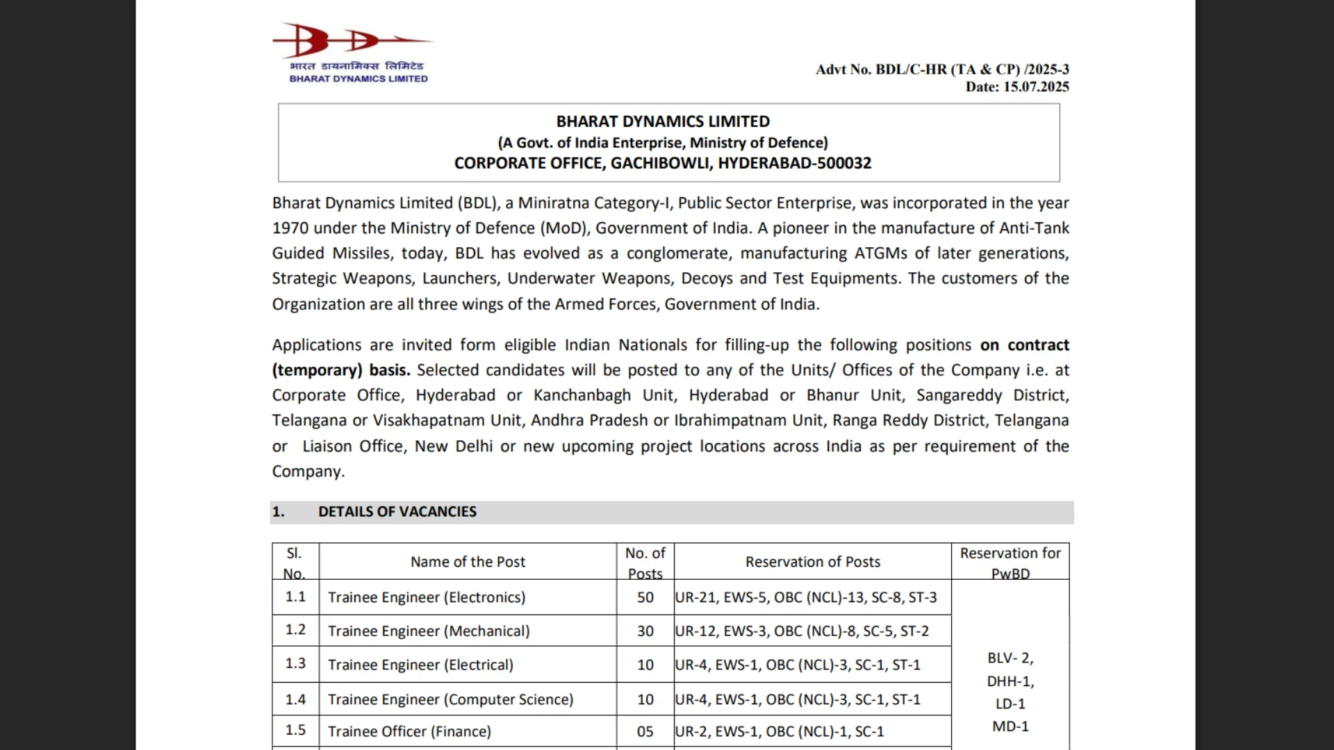 BDL Recruitment 2025 Apply Online for 212 Trainee Engineer, Trainee Officer and Other Posts